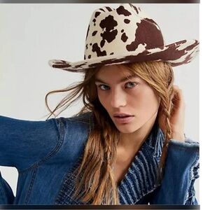 Free People Milk Money Cowboy Rancher Hat Wool Felt Cow Print Brown Ivory